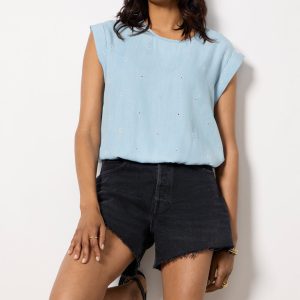 Embroidered Chambray Top